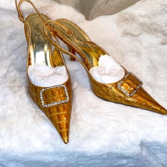 Mustard Croc Sling Back Mini Heels - Picture 2 of 3